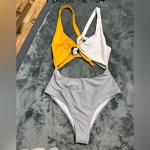 Colorblock One-Piece Swimsuit in Mustard, White & Light Gray